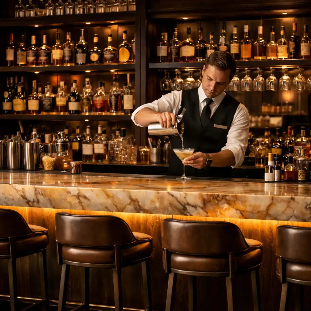 Sophisticated bar area with backlit marble counter and bartender pouring a cocktail