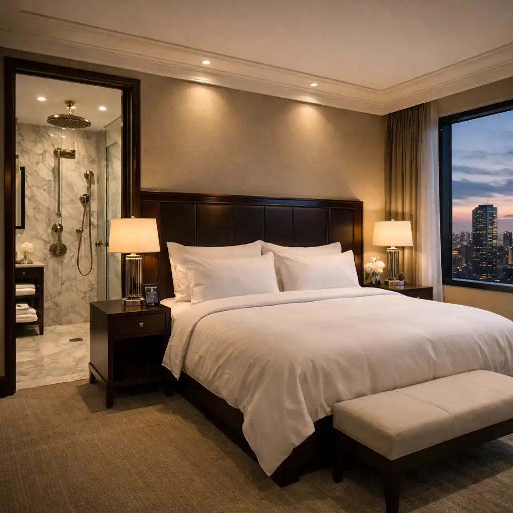 Deluxe suite bedroom with king bed, marble bathroom, and city view
