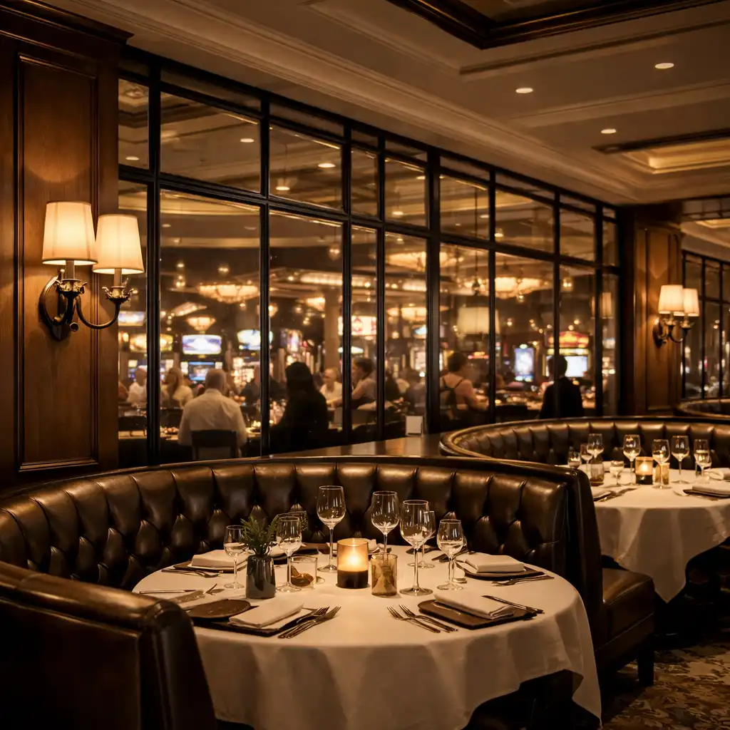Sit-down tables in the Hearth Steakhouse restaurant, with dark leather booths and bronze sconces