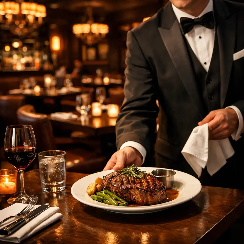 Dining room of the Hearth Steakhouse restaurant with dark wood tables, leather chairs, and a central open grill