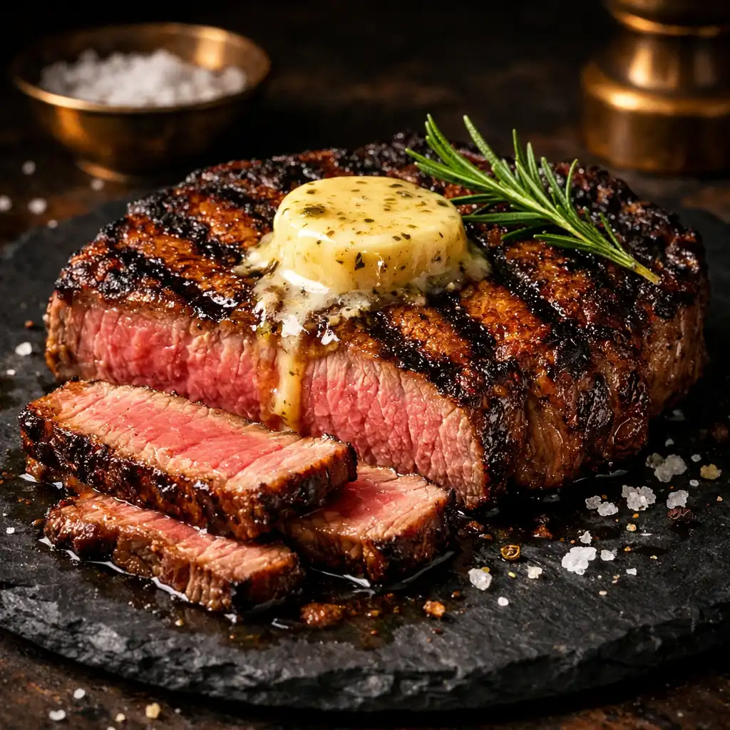 Close-up of a grilled Wagyu ribeye with rosemary and melting bone marrow butter