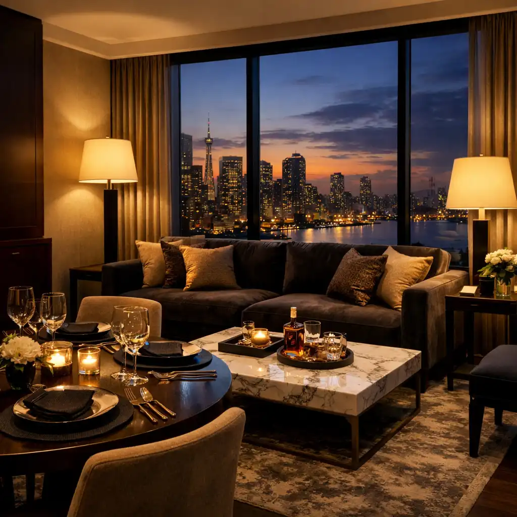 Executive suite living area with plush sofa, dining table, and city skyline at dusk