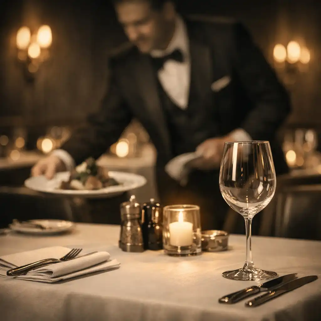 Fine dining restaurant interior with white tablecloths, elegant place settings, and warm candlelight