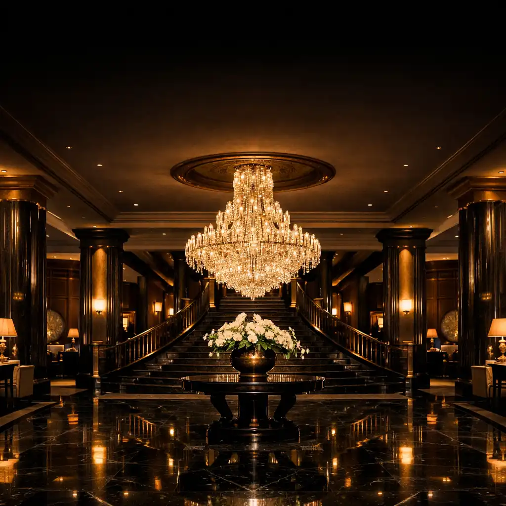 Grand hotel lobby with obsidian marble floors, bronze accents, and a crystal chandelier