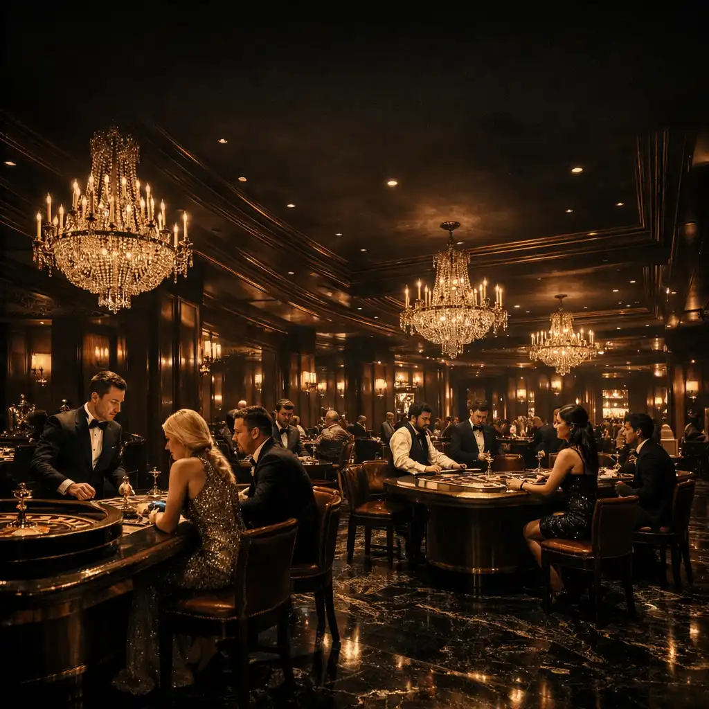 Opulent gaming hall at Hearthmarblecasino with obsidian marble floors, bronze accents, and warm ambient lighting