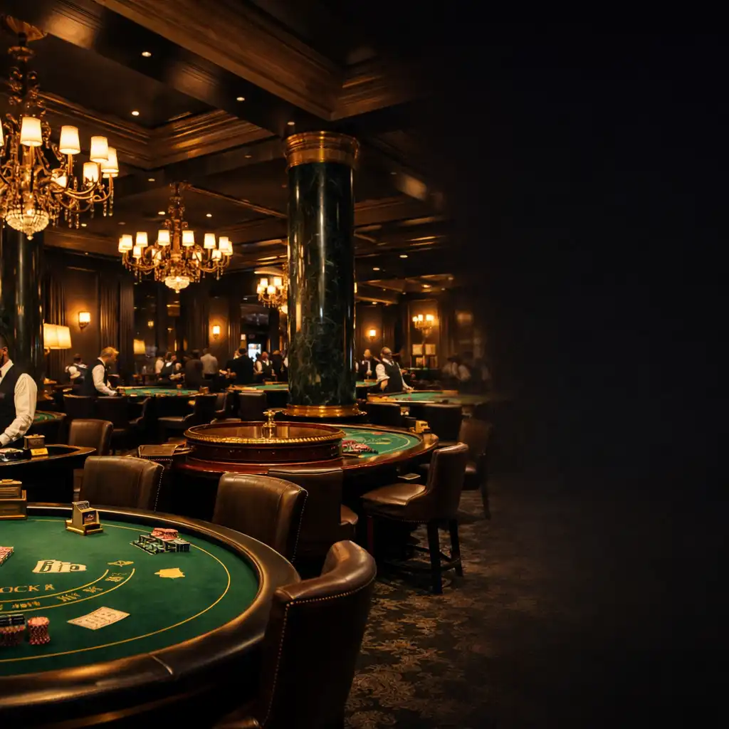 Sophisticated casino gaming hall with elegant decor, blackjack and roulette tables, bronze chandeliers, and marble columns