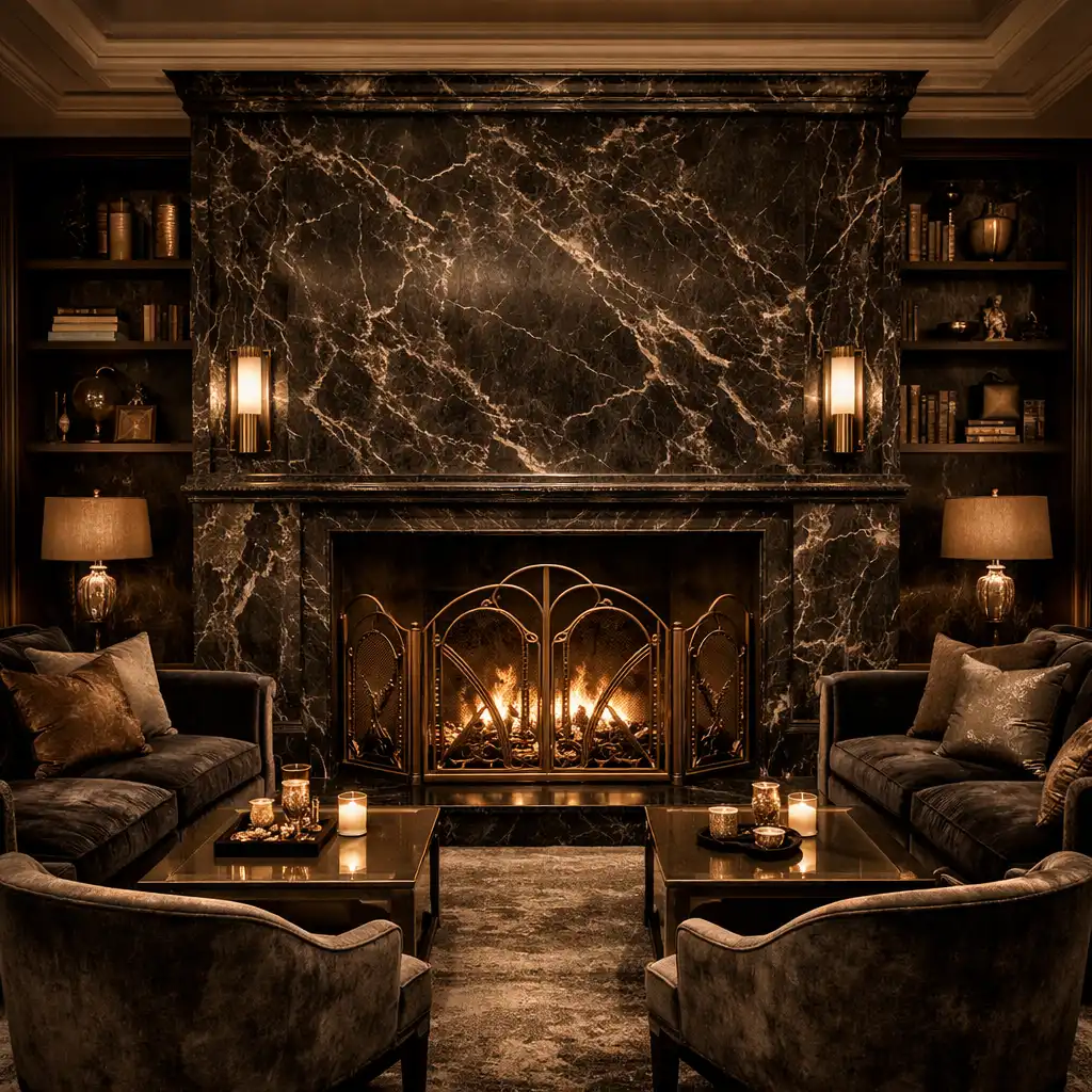 Grand fireplace lounge with obsidian marble surround and plush dark velvet seating