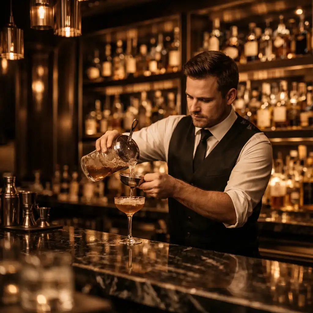 Elegant lounge bar with backlit shelves of premium spirits and a bartender preparing a cocktail