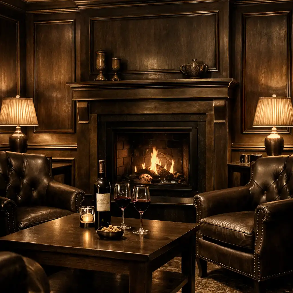 Private lounge alcove with a small fireplace, armchairs, and a low table with wine bottle and glasses