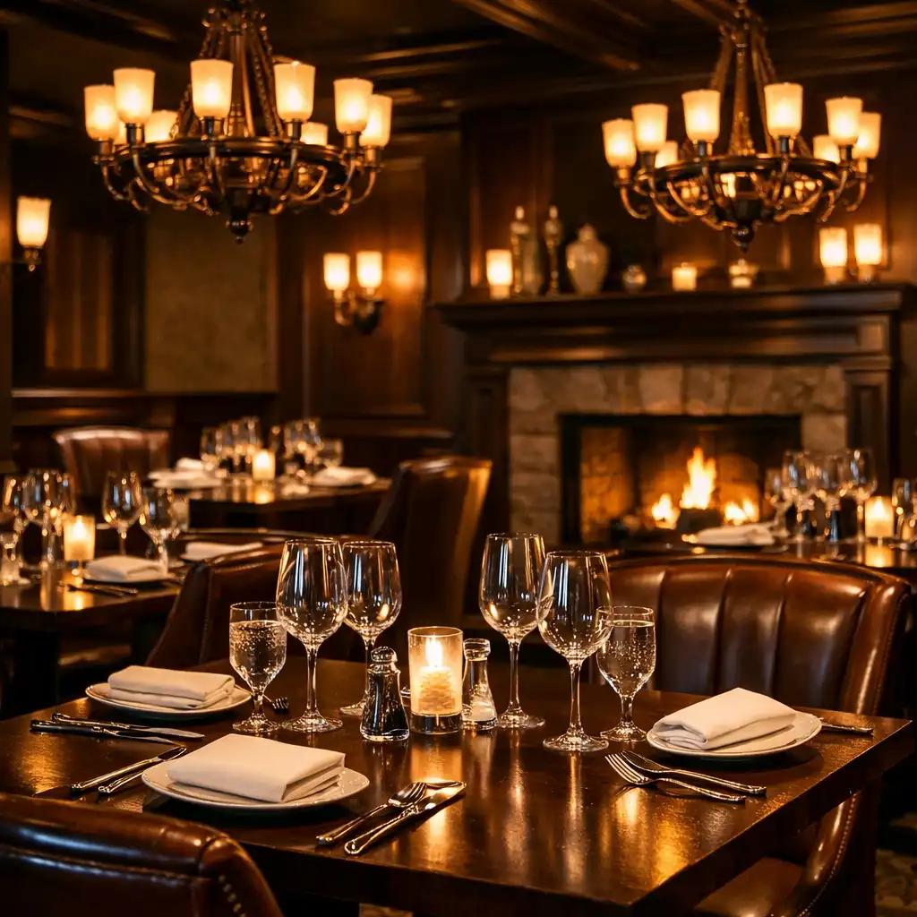Restaurant interior with dark wood tables, leather chairs, and bronze chandeliers at Hearthmarblecasino