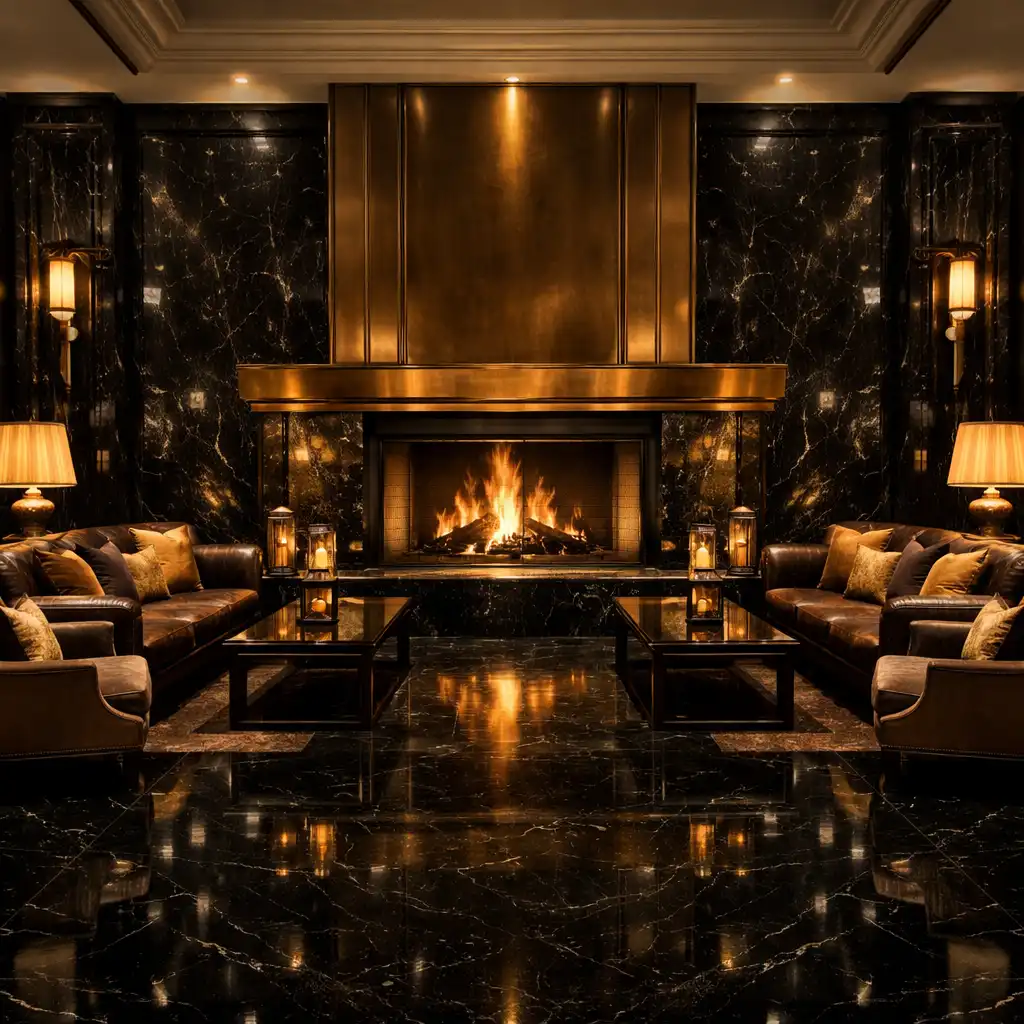 Opulent hotel lobby with dark obsidian marble, a grand hearth fireplace, and bronze accents