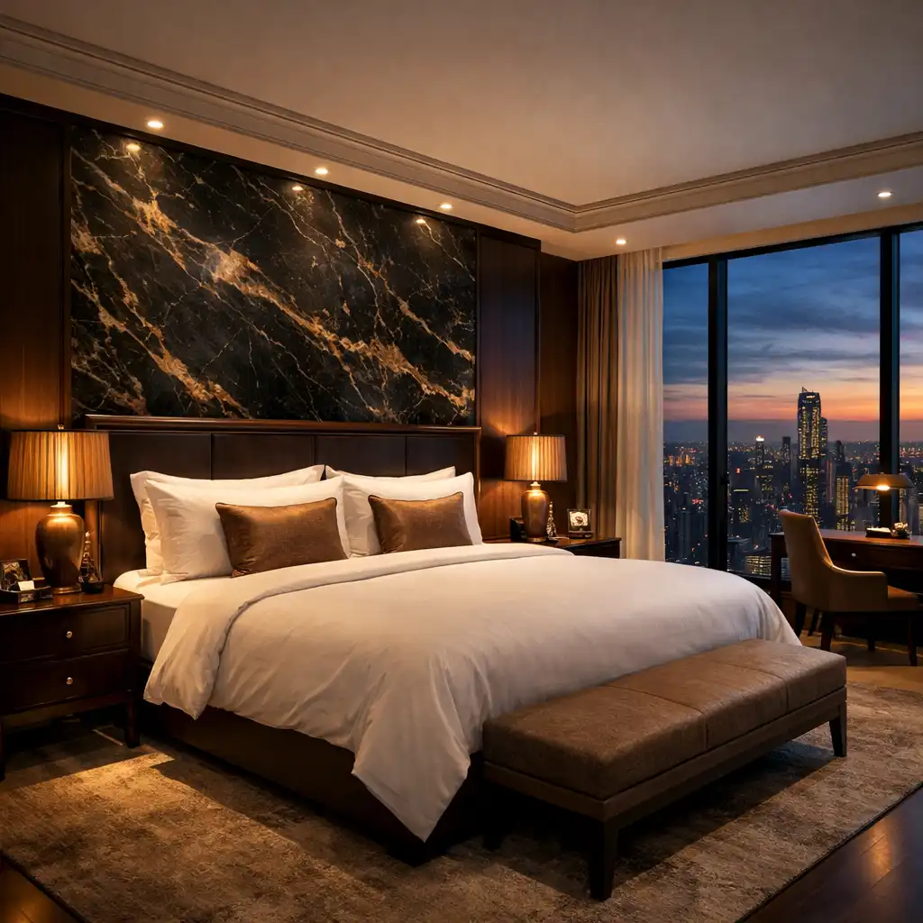 Luxury hotel suite interior with king-size bed, obsidian marble accent wall, and bronze lamps