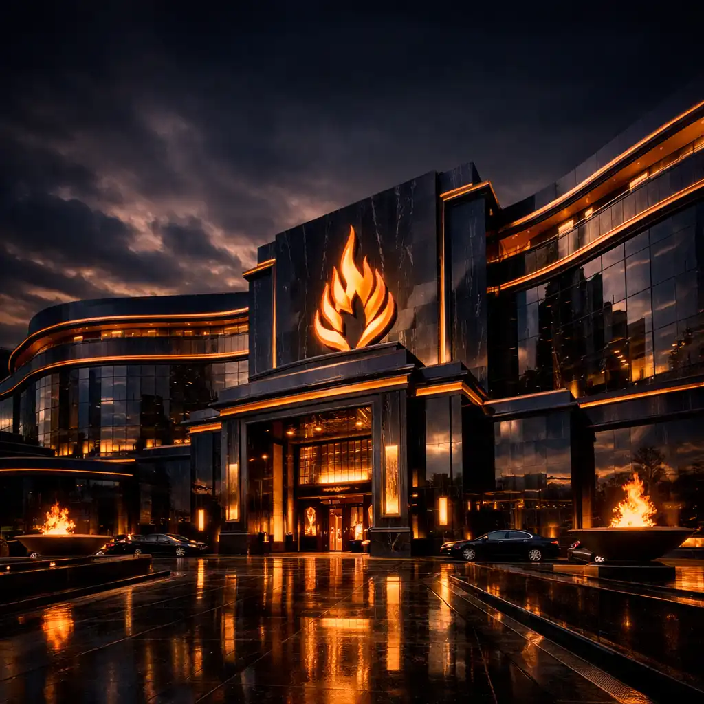 Grand exterior of Hearthmarblecasino Hotel & Lounge at dusk, with obsidian marble facade and warm bronze accents
