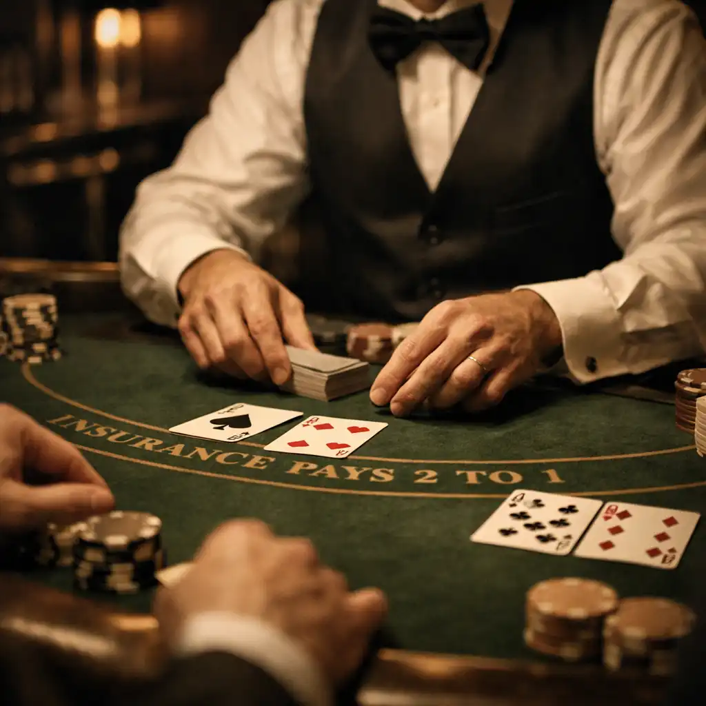 Close-up of a live dealer blackjack table with professional dealer and guests in an elegant setting