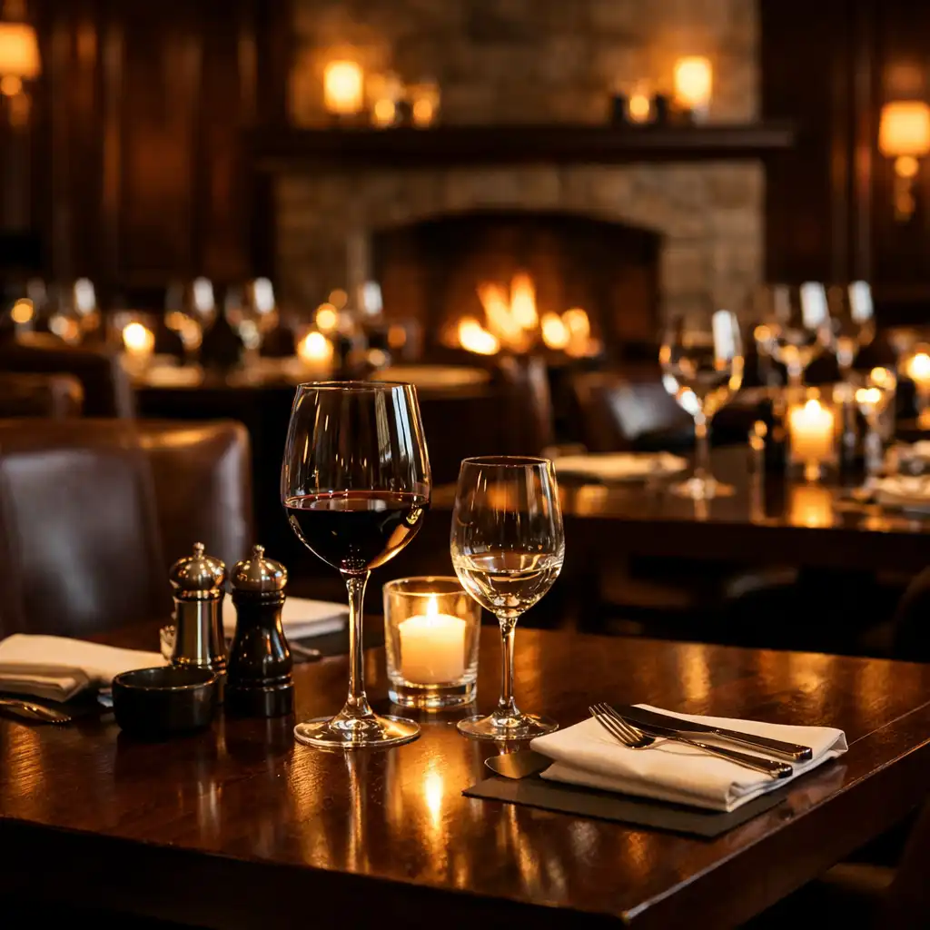 Fine dining steakhouse interior with dark wood tables, leather chairs, candlelight, and a fireplace