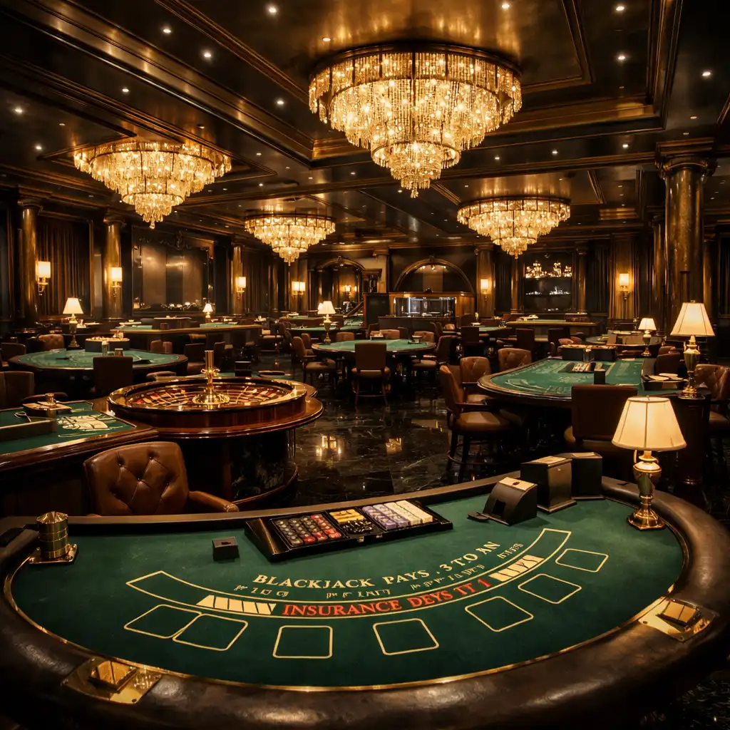 Opulent casino gaming hall with live dealer tables, bronze fixtures, and dark marble floors