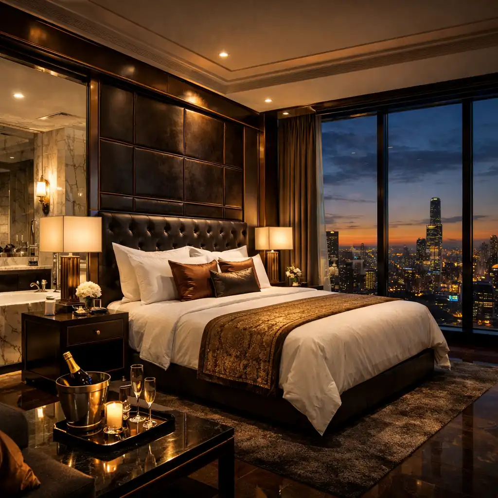 Luxury hotel suite with king bed, marble bathroom, and floor-to-ceiling windows overlooking the city at dusk