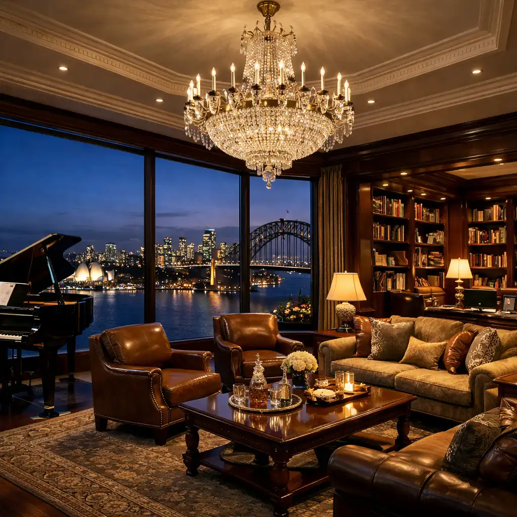 Presidential suite with panoramic windows, grand piano, and luxurious furnishings