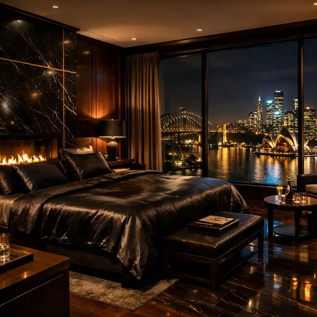 Luxurious suite interior with dark marble, bronze accents, and Sydney skyline views