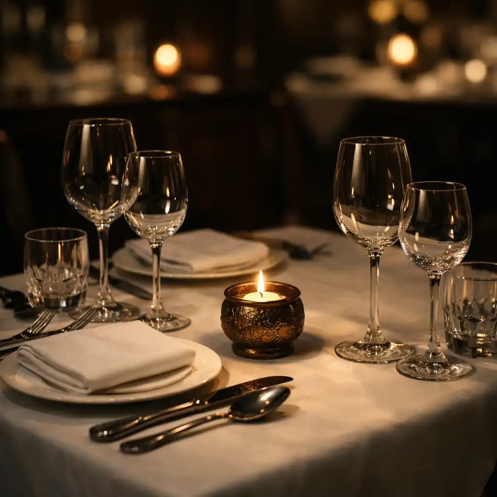 Elegant table setting for two with white tablecloth, silverware, and a lit bronze candle